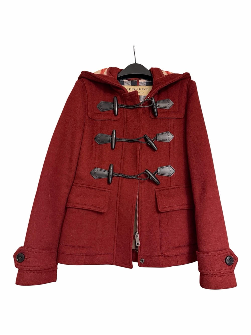 Burberry London Women's Red Wool Duffle
Coat Hooded Nova Check Toggle US 2 UK 4
